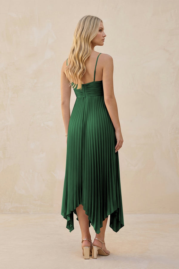 Spaghetti Strap Pleated A - Line Chiffon Midi Bridesmaid Dress in Dark Green - KissProm Bridesmaid Dresses