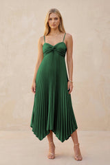 Spaghetti Strap Pleated A - Line Chiffon Midi Bridesmaid Dress in Dark Green - KissProm Bridesmaid Dresses