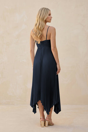 Spaghetti Strap Pleated A - Line Chiffon Midi Bridesmaid Dress in Dark Navy - KissProm Bridesmaid Dresses