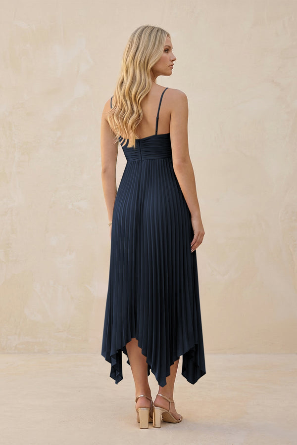 Spaghetti Strap Pleated A - Line Chiffon Midi Bridesmaid Dress in Dark Navy - KissProm Bridesmaid Dresses