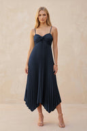 Spaghetti Strap Pleated A - Line Chiffon Midi Bridesmaid Dress in Dark Navy - KissProm Bridesmaid Dresses