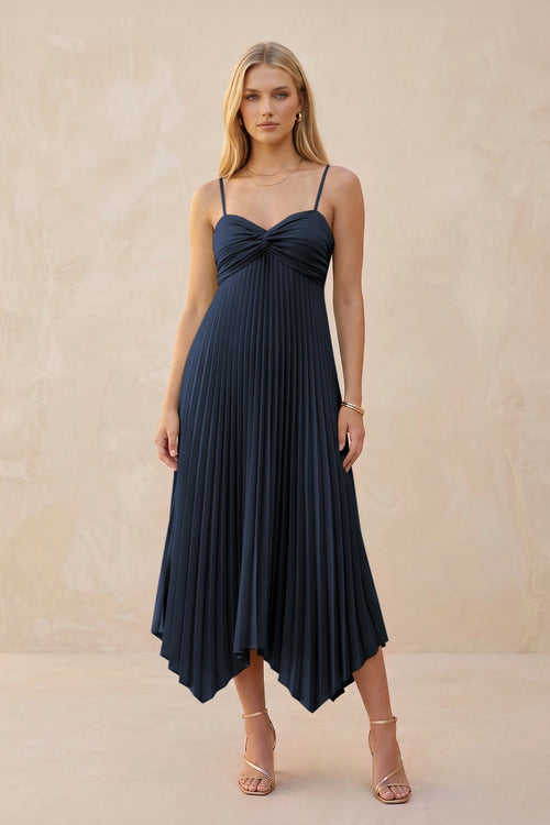 Spaghetti Strap Pleated A - Line Chiffon Midi Bridesmaid Dress in Dark Navy - KissProm Bridesmaid Dresses