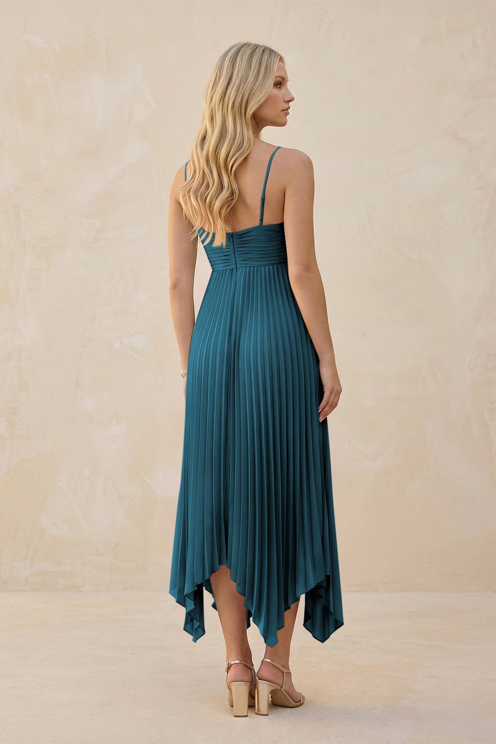 Spaghetti Strap Pleated A - Line Chiffon Midi Bridesmaid Dress in Dark Teal - KissProm Bridesmaid Dresses