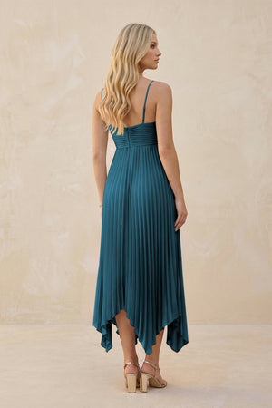 Spaghetti Strap Pleated A - Line Chiffon Midi Bridesmaid Dress in Dark Teal - KissProm Bridesmaid Dresses