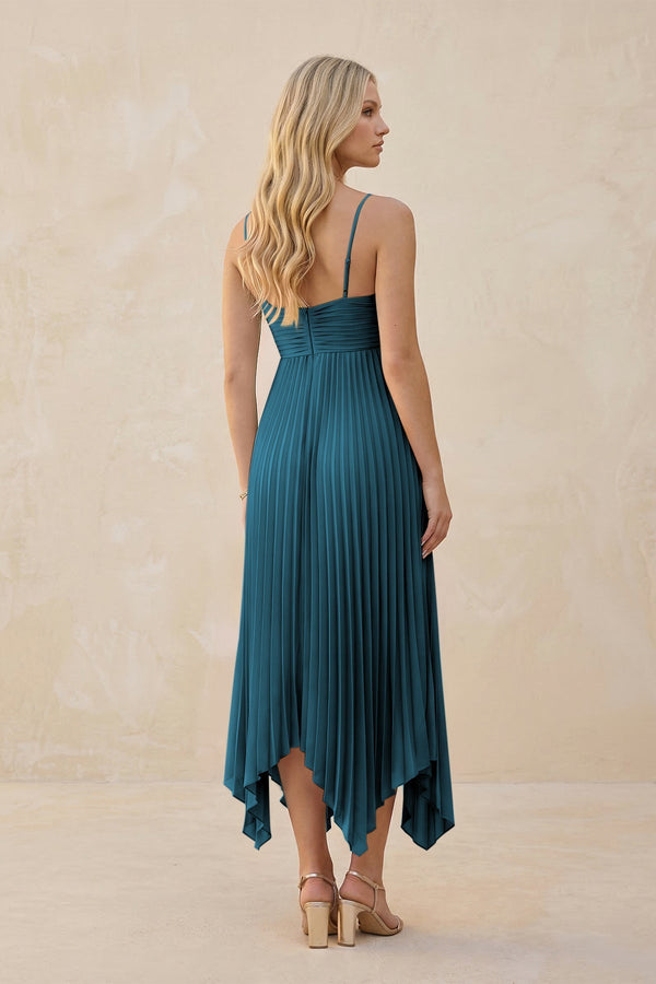 Spaghetti Strap Pleated A - Line Chiffon Midi Bridesmaid Dress in Dark Teal - KissProm Bridesmaid Dresses