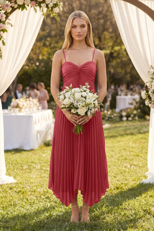 Spaghetti Strap Pleated A - Line Chiffon Midi Bridesmaid Dress in Desert Rose - KissProm Bridesmaid Dresses