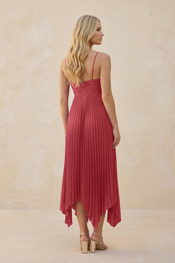 Spaghetti Strap Pleated A - Line Chiffon Midi Bridesmaid Dress in Desert Rose - KissProm Bridesmaid Dresses