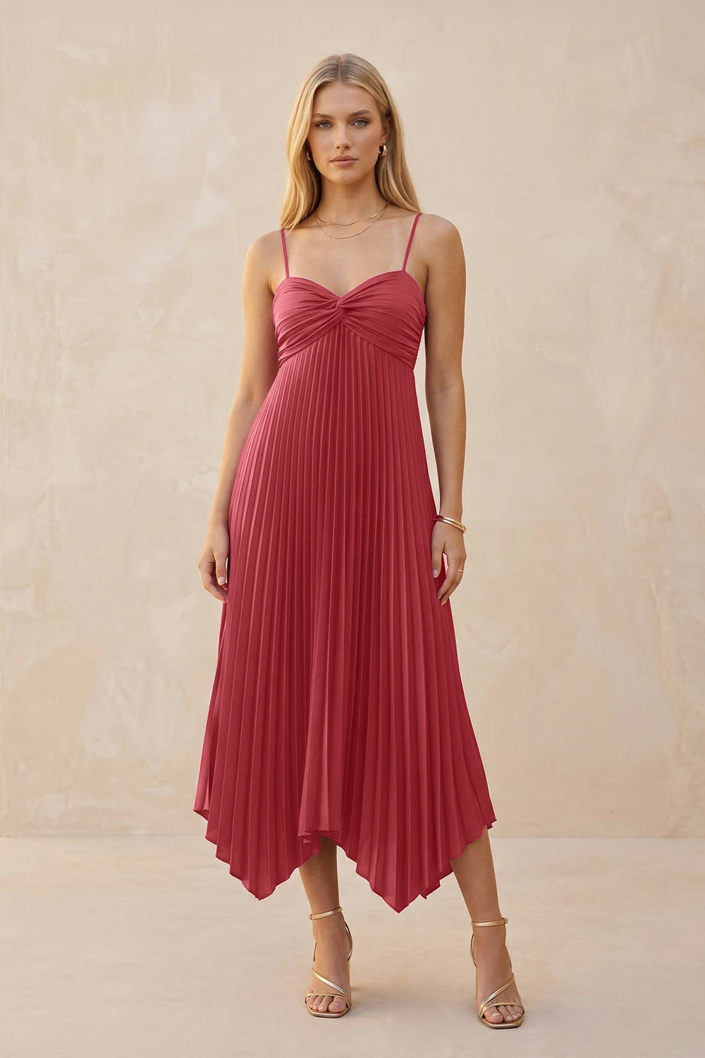 Spaghetti Strap Pleated A - Line Chiffon Midi Bridesmaid Dress in Desert Rose - KissProm Bridesmaid Dresses