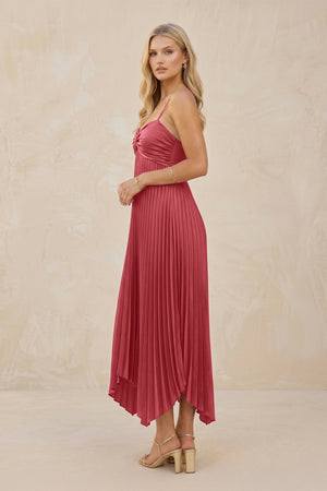 Spaghetti Strap Pleated A - Line Chiffon Midi Bridesmaid Dress in Desert Rose - KissProm Bridesmaid Dresses