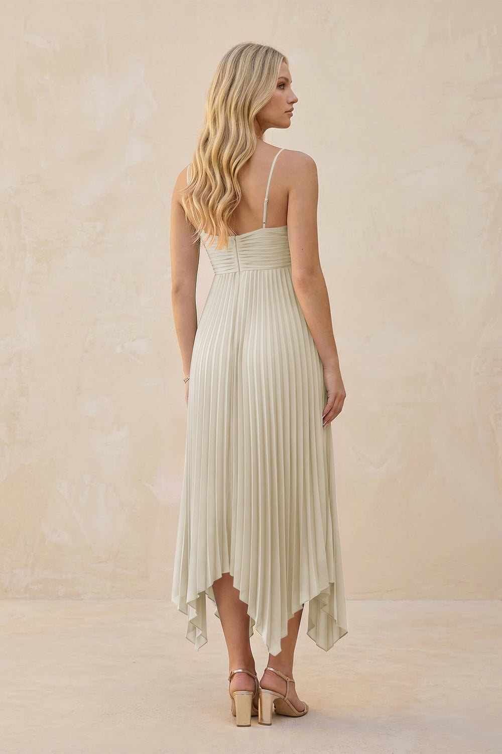 Spaghetti Strap Pleated A - Line Chiffon Midi Bridesmaid Dress in Dove Gray - KissProm Bridesmaid Dresses