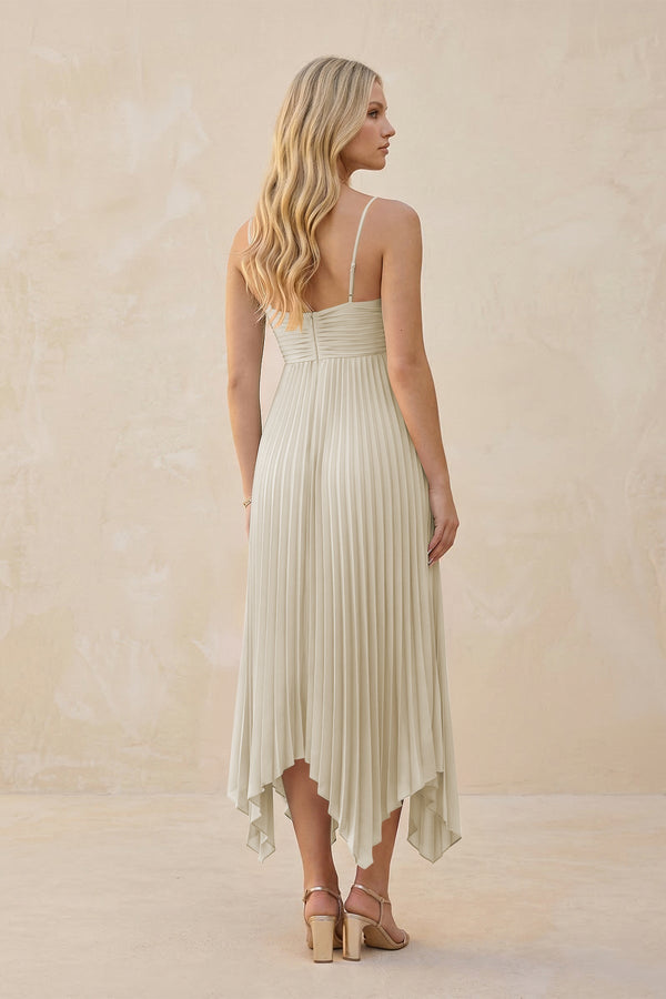 Spaghetti Strap Pleated A - Line Chiffon Midi Bridesmaid Dress in Dove Gray - KissProm Bridesmaid Dresses