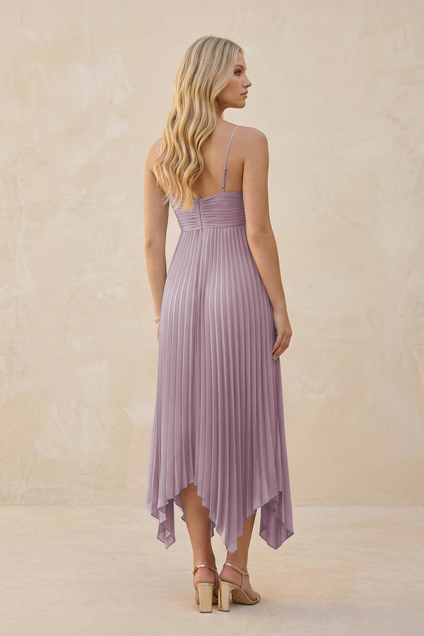 Spaghetti Strap Pleated A - Line Chiffon Midi Bridesmaid Dress in Dusk - KissProm Bridesmaid Dresses
