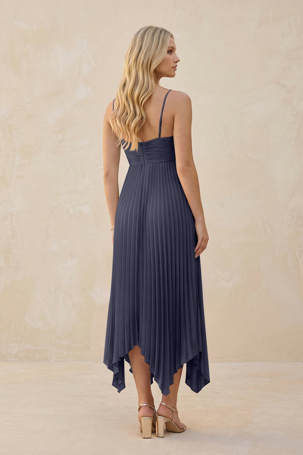 Spaghetti Strap Pleated A - Line Chiffon Midi Bridesmaid Dress in Dusk Blue - KissProm Bridesmaid Dresses