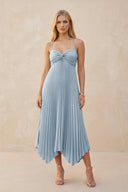 Spaghetti Strap Pleated A - Line Chiffon Midi Bridesmaid Dress in Dusty Blue - KissProm Bridesmaid Dresses