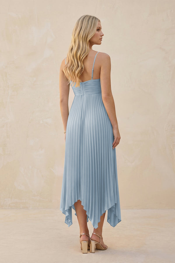 Spaghetti Strap Pleated A - Line Chiffon Midi Bridesmaid Dress in Dusty Blue - KissProm Bridesmaid Dresses