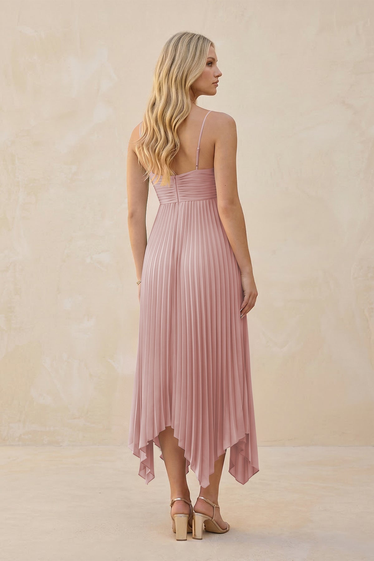 Spaghetti Strap Pleated A-Line Chiffon Midi Bridesmaid Dress in Dusty Rose Spaghetti Strap Pleated A-Line Chiffon Midi Bridesmaid Dress in Dusty Rose