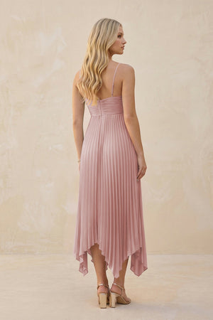Spaghetti Strap Pleated A - Line Chiffon Midi Bridesmaid Dress in Dusty Rose - KissProm Bridesmaid Dresses