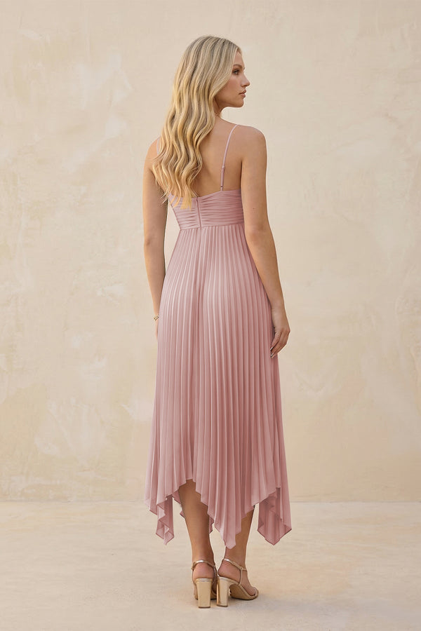 Spaghetti Strap Pleated A - Line Chiffon Midi Bridesmaid Dress in Dusty Rose - KissProm Bridesmaid Dresses