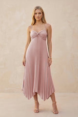 Spaghetti Strap Pleated A - Line Chiffon Midi Bridesmaid Dress in Dusty Rose - KissProm Bridesmaid Dresses
