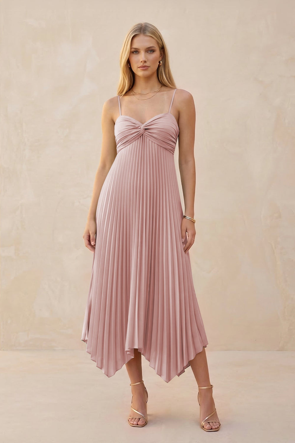 Spaghetti Strap Pleated A - Line Chiffon Midi Bridesmaid Dress in Dusty Rose - KissProm Bridesmaid Dresses