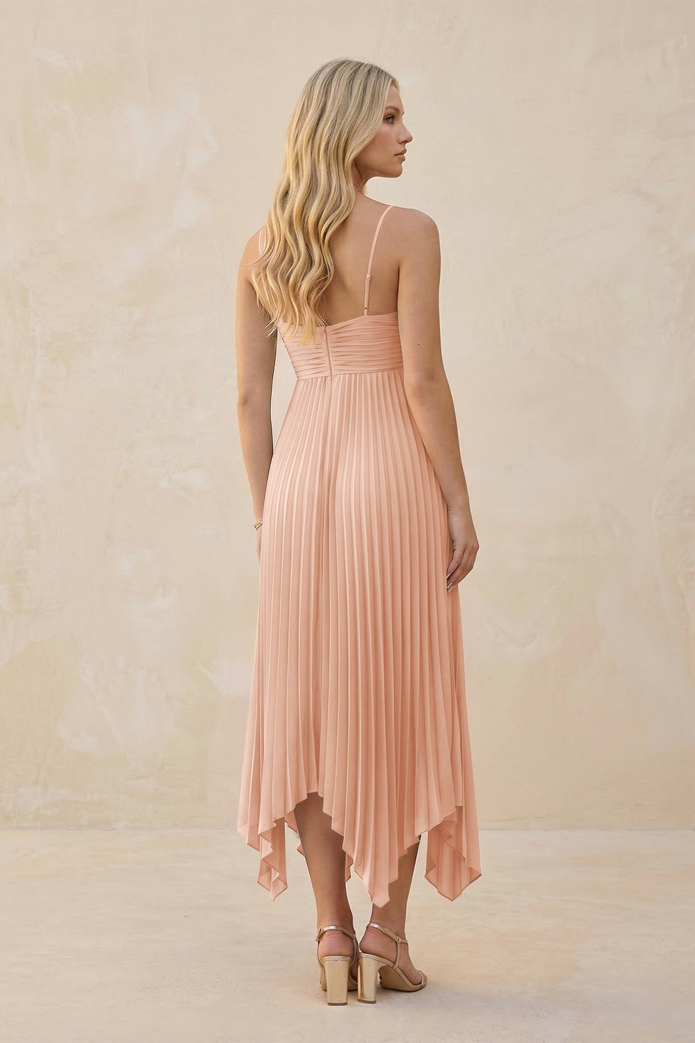 Spaghetti Strap Pleated A - Line Chiffon Midi Bridesmaid Dress in English Rose - KissProm Bridesmaid Dresses