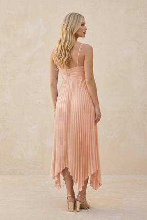 Spaghetti Strap Pleated A - Line Chiffon Midi Bridesmaid Dress in English Rose - KissProm Bridesmaid Dresses