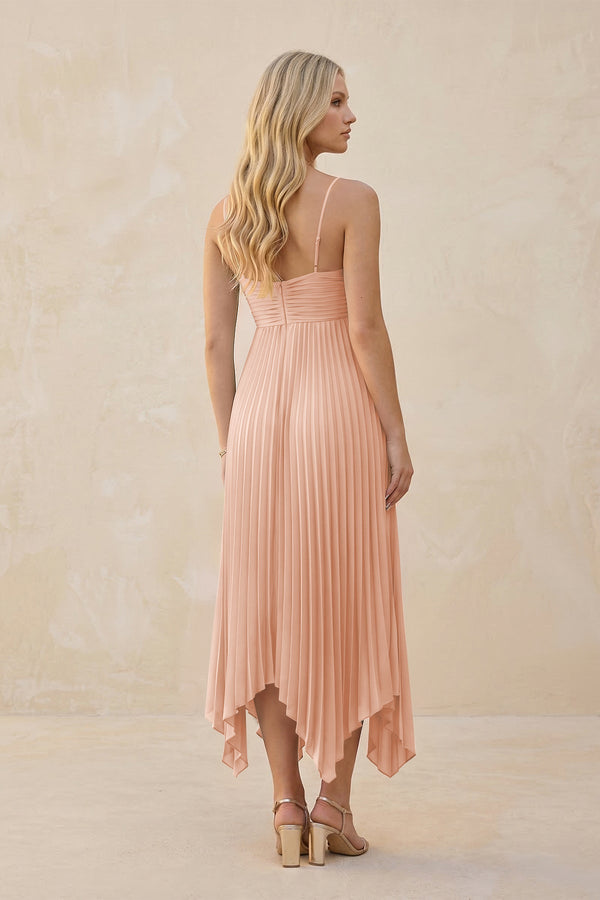 Spaghetti Strap Pleated A - Line Chiffon Midi Bridesmaid Dress in English Rose - KissProm Bridesmaid Dresses