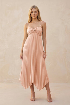Spaghetti Strap Pleated A - Line Chiffon Midi Bridesmaid Dress in English Rose - KissProm Bridesmaid Dresses