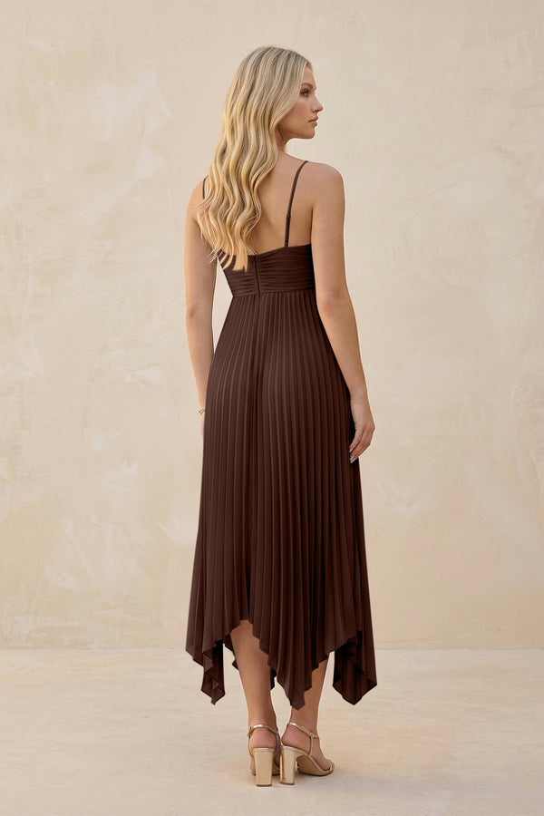 Spaghetti Strap Pleated A - Line Chiffon Midi Bridesmaid Dress in Espresso - KissProm Bridesmaid Dresses