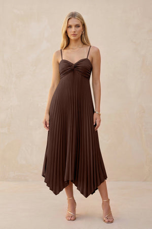 Spaghetti Strap Pleated A - Line Chiffon Midi Bridesmaid Dress in Espresso - KissProm Bridesmaid Dresses