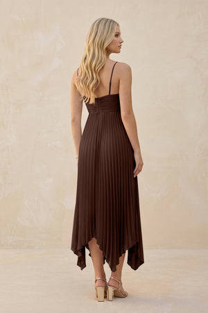 Spaghetti Strap Pleated A - Line Chiffon Midi Bridesmaid Dress in Espresso - KissProm Bridesmaid Dresses