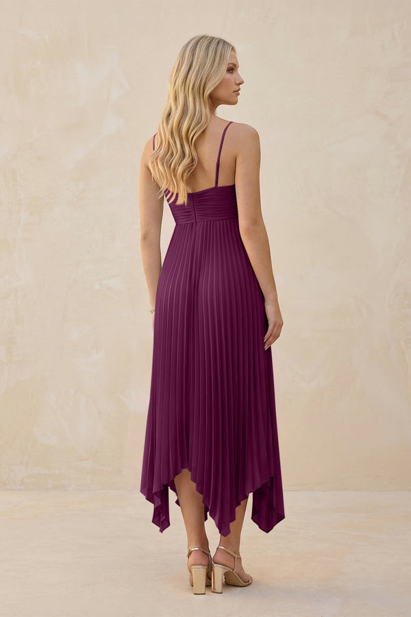 Spaghetti Strap Pleated A - Line Chiffon Midi Bridesmaid Dress in Fig - KissProm Bridesmaid Dresses