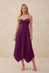 Spaghetti Strap Pleated A - Line Chiffon Midi Bridesmaid Dress in Fig - KissProm Bridesmaid Dresses