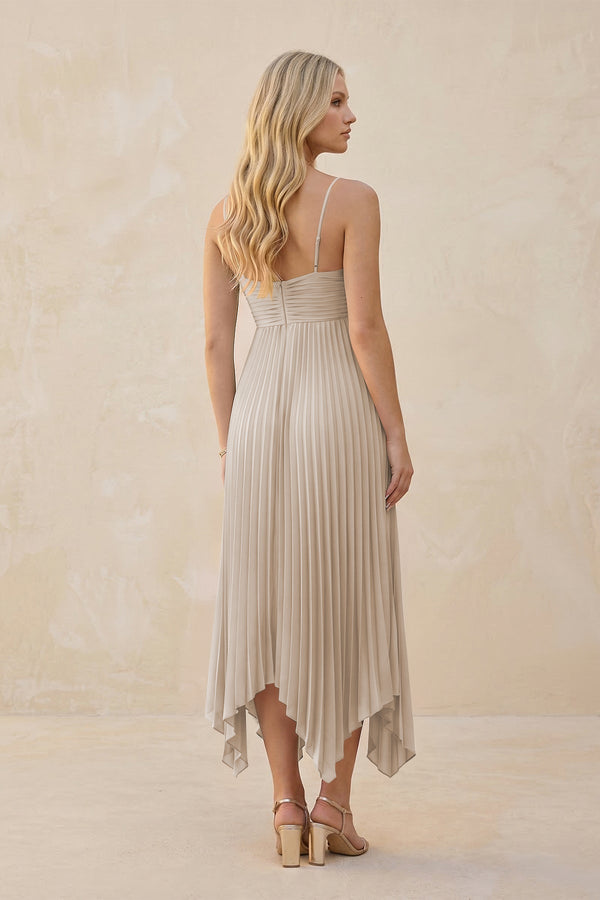 Spaghetti Strap Pleated A - Line Chiffon Midi Bridesmaid Dress in Frost - KissProm Bridesmaid Dresses