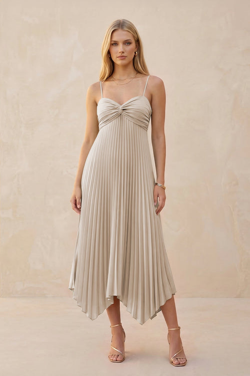 Spaghetti Strap Pleated A - Line Chiffon Midi Bridesmaid Dress in Frost - KissProm Bridesmaid Dresses