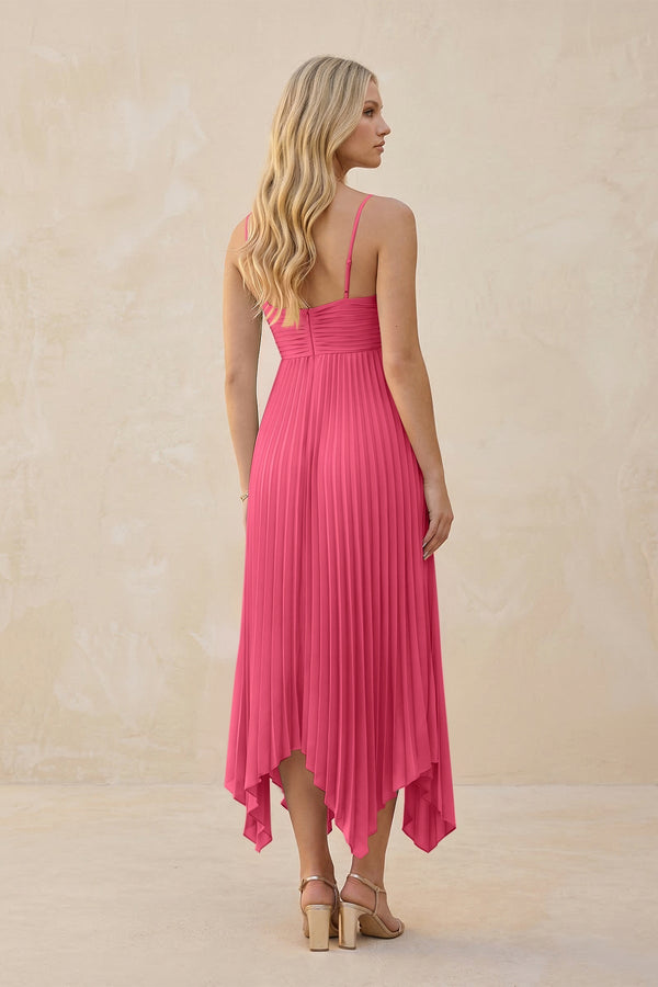 Spaghetti Strap Pleated A - Line Chiffon Midi Bridesmaid Dress in Fuchsia - KissProm Bridesmaid Dresses