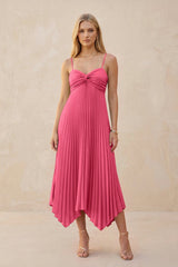 Spaghetti Strap Pleated A - Line Chiffon Midi Bridesmaid Dress in Fuchsia - KissProm Bridesmaid Dresses