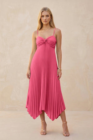 Spaghetti Strap Pleated A - Line Chiffon Midi Bridesmaid Dress in Fuchsia - KissProm Bridesmaid Dresses