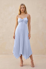 Spaghetti Strap Pleated A - Line Chiffon Midi Bridesmaid Dress in Ice - KissProm Bridesmaid Dresses
