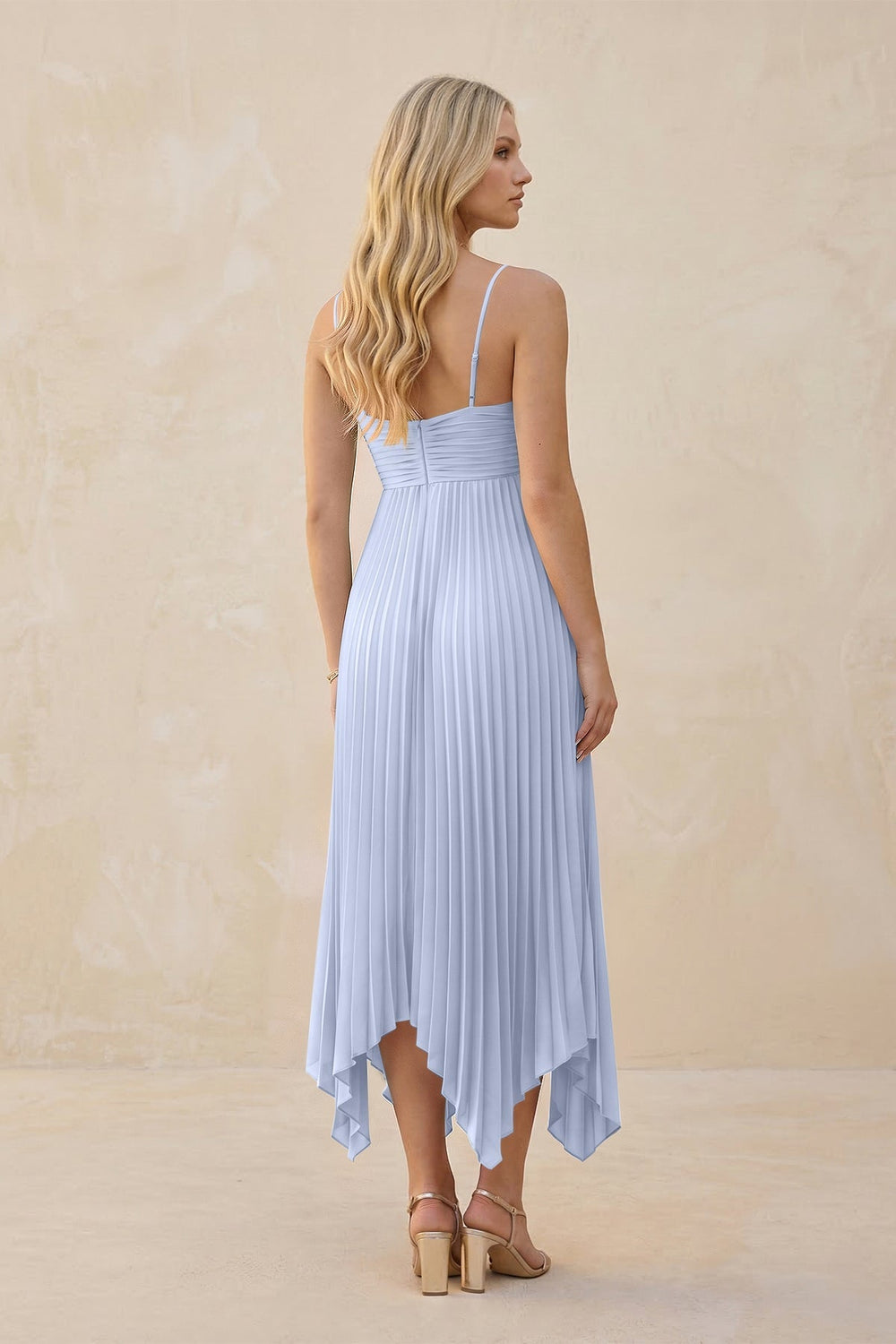 Spaghetti Strap Pleated A - Line Chiffon Midi Bridesmaid Dress in Ice - KissProm Bridesmaid Dresses