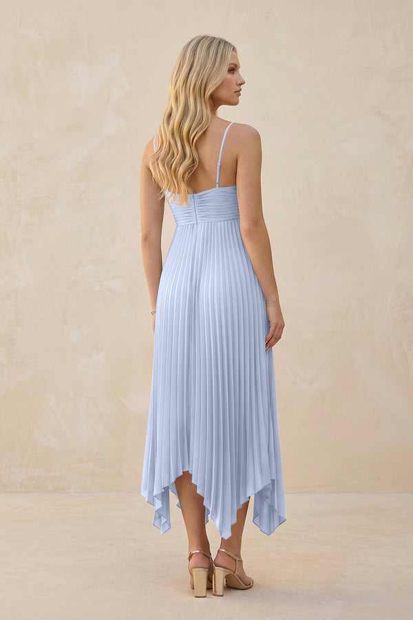 Spaghetti Strap Pleated A - Line Chiffon Midi Bridesmaid Dress in Ice - KissProm Bridesmaid Dresses