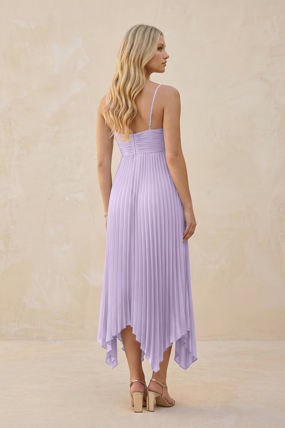 Spaghetti Strap Pleated A - Line Chiffon Midi Bridesmaid Dress in Lavender - KissProm Bridesmaid Dresses