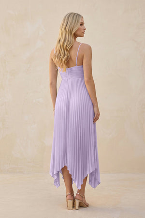 Spaghetti Strap Pleated A - Line Chiffon Midi Bridesmaid Dress in Lavender - KissProm Bridesmaid Dresses