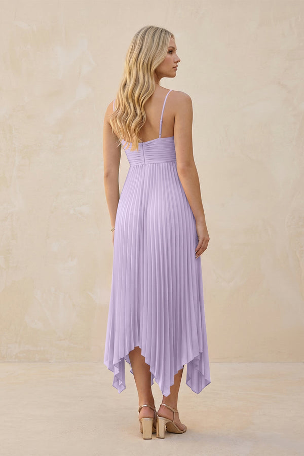 Spaghetti Strap Pleated A - Line Chiffon Midi Bridesmaid Dress in Lavender - KissProm Bridesmaid Dresses