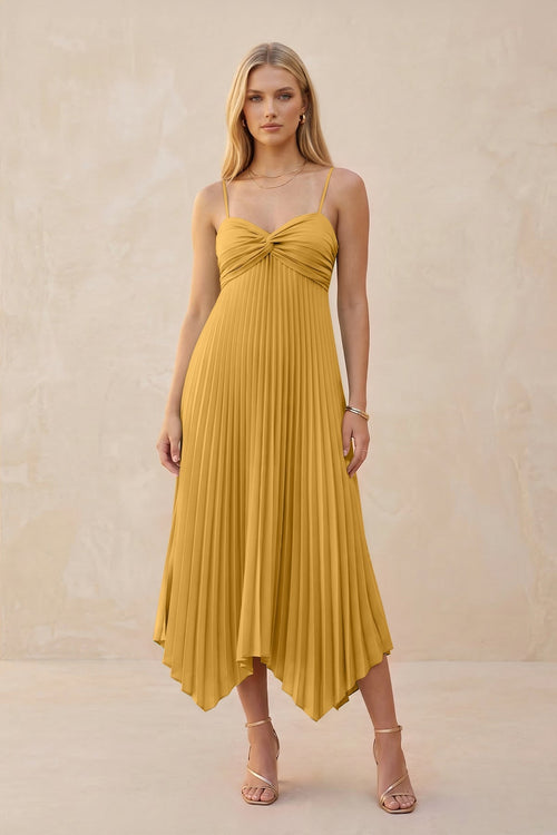 Spaghetti Strap Pleated A - Line Chiffon Midi Bridesmaid Dress in Marigold - KissProm Bridesmaid Dresses