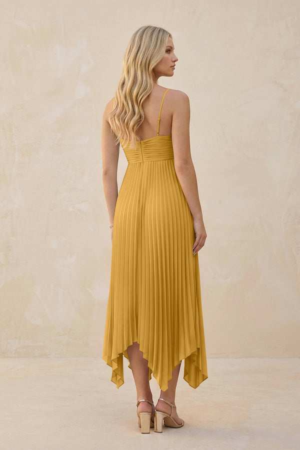Spaghetti Strap Pleated A - Line Chiffon Midi Bridesmaid Dress in Marigold - KissProm Bridesmaid Dresses