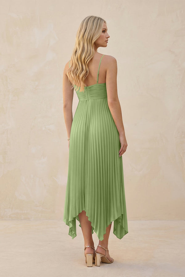 Spaghetti Strap Pleated A - Line Chiffon Midi Bridesmaid Dress in Matcha - KissProm Bridesmaid Dresses