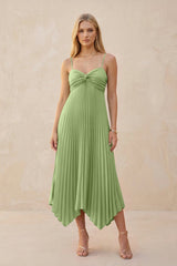 Spaghetti Strap Pleated A - Line Chiffon Midi Bridesmaid Dress in Matcha - KissProm Bridesmaid Dresses
