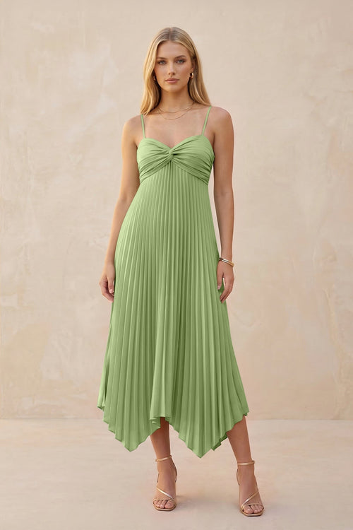 Spaghetti Strap Pleated A - Line Chiffon Midi Bridesmaid Dress in Matcha - KissProm Bridesmaid Dresses