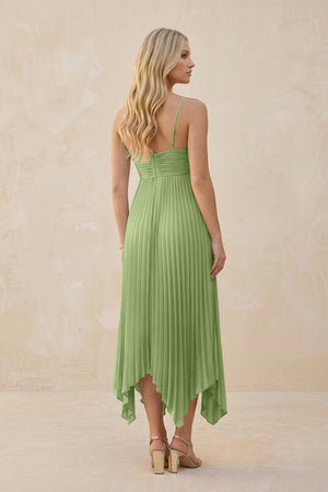Spaghetti Strap Pleated A - Line Chiffon Midi Bridesmaid Dress in Matcha - KissProm Bridesmaid Dresses